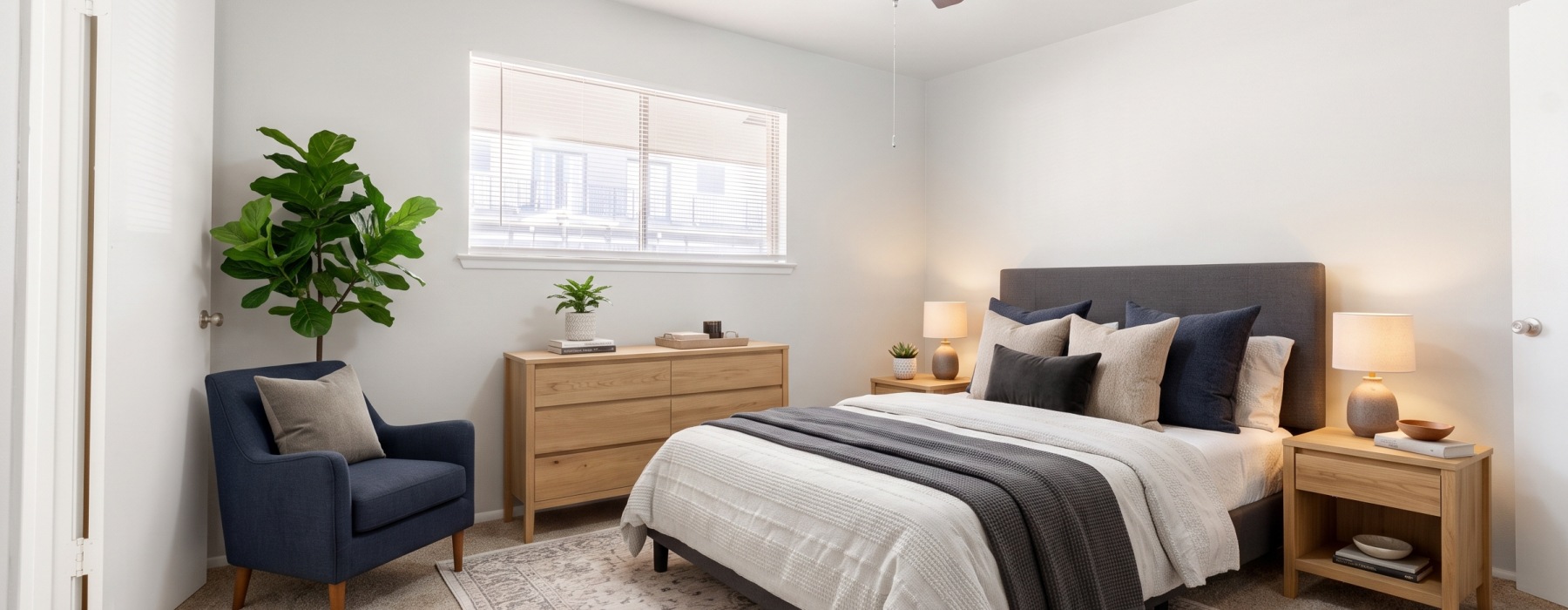 Bedroom with natural lighting and ceiling fans